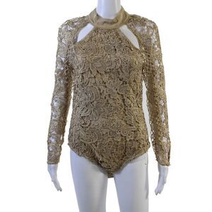 Asilio Womens Long Sleeve Open Back Metallic Lace Bodysuit Gold Size 6